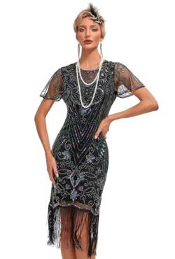 VILOREE 1920s Kleid Damen Flapper Charleston Kleid Gatsby Pailletten Cocktail Abschlussballkleid Party Kostüm Kleid Schwarz & Silber (53) M von VILOREE