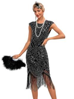 VILOREE 1920s Kleid Damen Flapper Charleston Kleid Gatsby Pailletten Cocktail Abschlussballkleid Party Kostüm Kleid Schwarz & Silber (54) 3XL von VILOREE