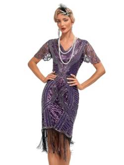 VILOREE 1920s Kleid Damen Flapper Charleston Kleid Gatsby Pailletten Cocktail Abschlussballkleid Party Kostüm Kleid Violett (55) M von VILOREE