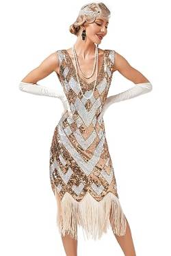 VILOREE Abendkleid Damen Kleid Flapper Ballkleider Cocktailkleid 1920's Art Deco Great Gatsby Party Vintage Retro Gold & Beige (49) L von VILOREE