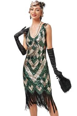 VILOREE Abendkleid Damen Kleid Flapper Ballkleider Cocktailkleid 1920's Art Deco Great Gatsby Party Vintage Retro Gold & Grün (49) 2XL von VILOREE