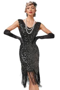 VILOREE Abendkleid Damen Kleid Flapper Ballkleider Cocktailkleid 1920's Art Deco Great Gatsby Party Vintage Retro Schwarz (52) 2XL von VILOREE