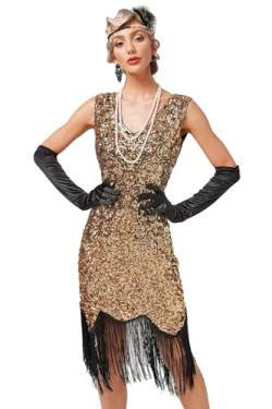 VILOREE Abendkleid Damen Kleid Flapper Ballkleider Cocktailkleid 1920's Art Deco Great Gatsby Party Vintage Retro Schwarz & Gold (52) 2XL von VILOREE