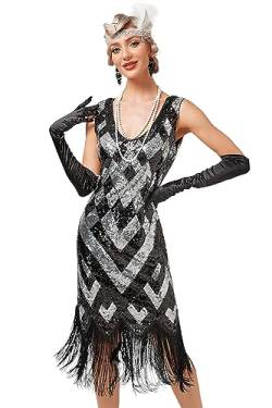 VILOREE Abendkleid Damen Kleid Flapper Ballkleider Cocktailkleid 1920's Art Deco Great Gatsby Party Vintage Retro Schwarz & Silber (49) M von VILOREE