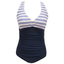 VILOREE Damen Bademode Einteiler Badeanzug Monokini Formend Badeanzug Bauchweg Softcups Rückenfrei Blau & Weisse Streifen XL von VILOREE