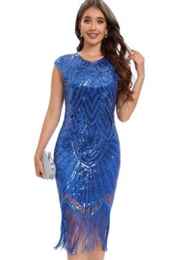 VILOREE Damen Kleid voller Pailletten 20er Stil Runder Ausschnitt Inspiriert von Great Gatsby Kostüm Kleid Blau M von VILOREE