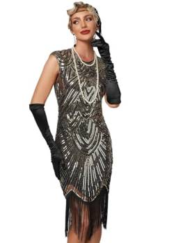 VILOREE Damen Kleid voller Pailletten 20er Stil Runder Ausschnitt Inspiriert von Great Gatsby Kostüm Kleid Gold und Schwarz M von VILOREE