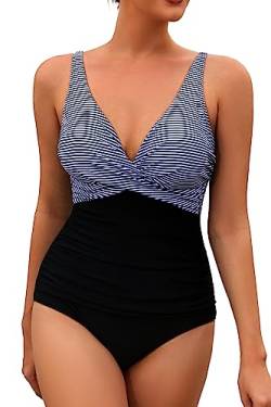 VILOREE Damen Monokini Bauchweg Schlankheits Badeanzug Plus Size Badebekleidung Bauchweg für Mollige Streifen & schwarz XXL von VILOREE