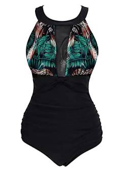 VILOREE Damen Schlankheits Badeanzug Raffung Einteiler High Neck Bademode Strandmode Blätter 2XL von VILOREE