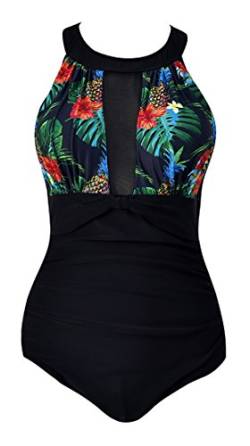 VILOREE Damen Schlankheits Badeanzug Raffung Einteiler High Neck Bademode Strandmode Blumen #1 L von VILOREE