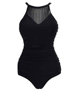 VILOREE Damen Schlankheits Badeanzug Raffung Einteiler High Neck Bademode Strandmode Schwarz #2 L von VILOREE