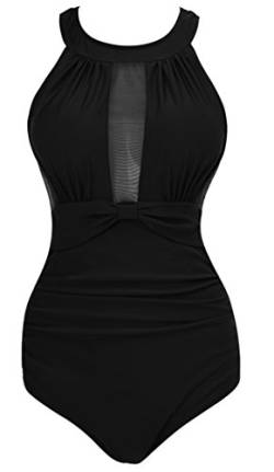 VILOREE Damen Schlankheits Badeanzug Raffung Einteiler High Neck Bademode Strandmode Schwarz 3XL von VILOREE