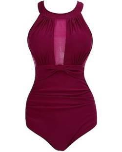 VILOREE Damen Schlankheits Badeanzug Raffung Einteiler High Neck Bademode Strandmode Weinrot XL von VILOREE