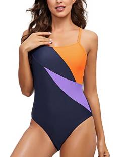 VILOREE Damen Sport Badeanzug Bauchweg Push up Rückenfrei Bademode Sportbadeanzüge Einteiler Schwimmanzug Orange/Navy S von VILOREE