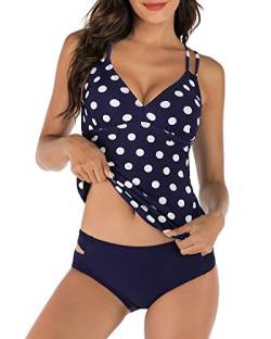 VILOREE Damen Tankini Set Push Up Bauchweg mit Slip Neckholder Bademode Zweiteilig Figuroptimizer Navy mit Weiss Punkte S von VILOREE