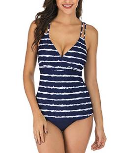 VILOREE Damen Tankini Set Push Up Bauchweg mit Slip Neckholder Bademode Zweiteilig Figuroptimizer Navy & Weiss Streifen S von VILOREE