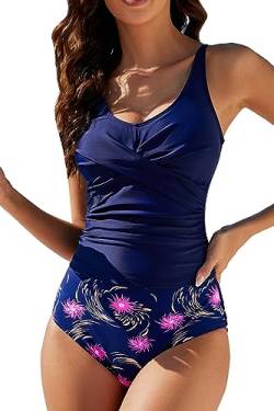 VILOREE Mode Damen Tankini Set Zweiteilige Bademode Badeanzug Nechholder Bauchweg Navy (N101) L von VILOREE