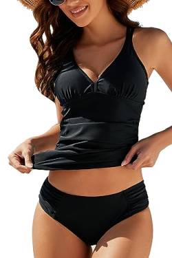 VILOREE Mode Damen Tankini Set Zweiteilige Bademode Badeanzug Nechholder Bauchweg Schwarz (N103) 3XL von VILOREE