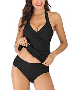 VILOREE Mode Damen Tankini Set Zweiteilige Bademode Badeanzug Nechholder Bauchweg Schwarz M von VILOREE