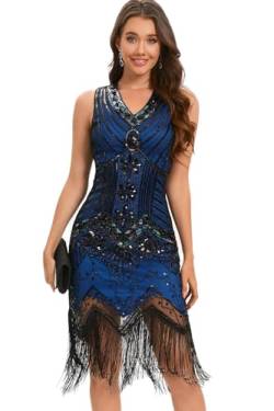 VILOREE Retro 1920er Damen Flapper Kleider voller Pailletten V-Ausschnitt Great Gatsby Motto Party Blau XL von VILOREE