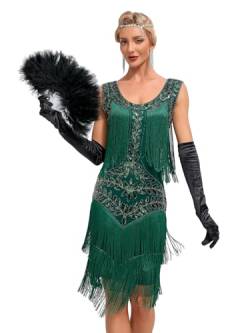 VILOREE Retro 1920er Damen Flapper Kleider voller Pailletten V-Ausschnitt Great Gatsby Motto Party Grün (56) L von VILOREE
