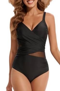 VILOREE Sexy Damen Badeanzüge Einteiler one Piece Badekleidung Geraffte Monokini Mesh Bauchweg Schlankheits Schwarz(Style 1) L von VILOREE