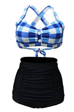 VILOREE Vintage 50s Damen Bademode Bikini Set Push Up Hoher Taille Neckholder Bauchweg Blau Kariert 3XL von VILOREE