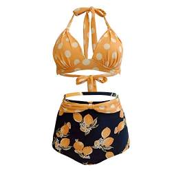 VILOREE Vintage 50s Damen Bademode Bikini Set Push Up Hoher Taille Neckholder Bauchweg Gelb Top + Zitrone Shorts XXL von VILOREE