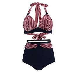 VILOREE Vintage 50s Damen Bademode Bikini Set Push Up Hoher Taille Neckholder Bauchweg Gestreift Top + Blau Shorts XXL von VILOREE