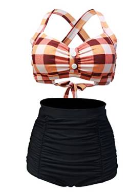 VILOREE Vintage 50s Damen Bademode Bikini Set Push Up Hoher Taille Neckholder Bauchweg Orange Kariert L von VILOREE