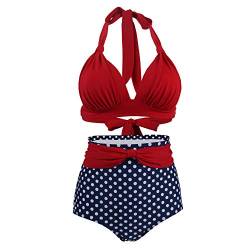 VILOREE Vintage 50s Damen Bademode Bikini Set Push Up Hoher Taille Neckholder Bauchweg Rot Top + Blau Pola Dots Shorts 3XL von VILOREE