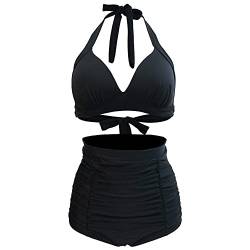 VILOREE Vintage 50s Damen Bademode Bikini Set Push Up Hoher Taille Neckholder Bauchweg Schwarz 3XL von VILOREE