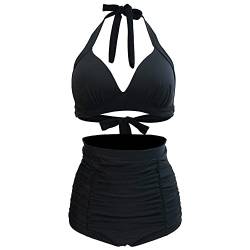 VILOREE Vintage 50s Damen Bademode Bikini Set Push Up Hoher Taille Neckholder Bauchweg Schwarz L von VILOREE