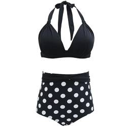 VILOREE Vintage 50s Damen Bademode Bikini Set Push Up Hoher Taille Neckholder Bauchweg Schwarz Top + Weisse Punkte Shorts 3XL von VILOREE