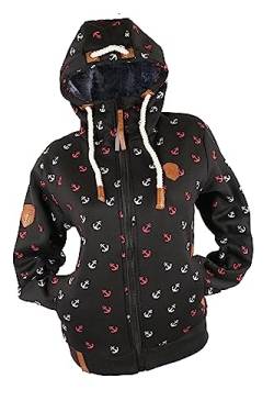 VIN TE Damen Sweat Jacke Hoodie Kapuze dick gefüttert Teddyfell Futter UNI oder mit Anker Muster M - 3XL (as3, alpha, 3x_l, regular, regular, Schwarz-9917) von VIN TE