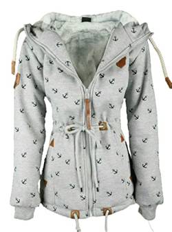 VIN TE Damen Sweat Parka Mantel Jacke Kapuze Hoodie Teddyfell gefüttert Anker S-3XL (XXL, Grau) von VIN TE