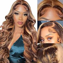 Highlight 33 x 6 Lace Front Wigs Echthaar Ombre P4/27 Colored Honey Blonde Frontal Wigs Pre Plucked with Baby Hair 180% Density Ombre Body Wave Human Hair Lace Frontal wig for Women 71,1 cm von VIPbeauty