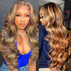 Honigblonde Ombre Lace Front Perücke Echthaar Pre Plucked, 4/27 Highlight HD Transparent Lace Frontal Wigs with Baby Hair 180 Density 13x4 Body Wave Colored Hair for Women 30 Inch von VIPbeauty