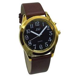 Analoge Armbanduhr mit Alarmfunktion, Anzeige der Uhrzeit und Datum auf Französisch, für Blind- und Sehbehinderte, Farbe Gold, Armband Leder Braun TUF-G806 von VISIONU
