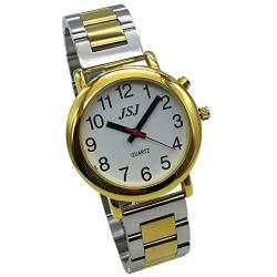 Analoge Armbanduhr mit Alarmfunktion, Anzeige der Uhrzeit und Datum auf Französisch, für Blinde und Menschen mit Sehbehinderung, Farbe Gold, Armband mit zwei Tönen aus Edelstahl TUF-G505 von VISIONU
