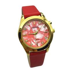 Damen-Armbanduhr, analog, mit Alarm, Anzeige von Uhrzeit und Datum, Farbe Gold, Armband aus Leder TAG-1302F von VISIONU
