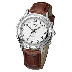 Englisch sprechende Armbanduhr mit Alarm, Datum und Uhrzeit, weißes Zifferblatt TESW-25U, Braunes Lederband Tesw-2505u, Riemen von VISIONU