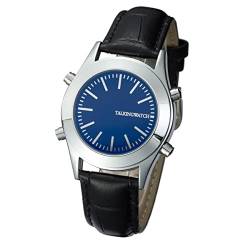 Englisch sprechende Armbanduhr mit Alarm, blaues Zifferblatt, Schwarzes Lederband Viy-blueu-026e von VISIONU