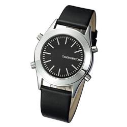 Englisch sprechende Armbanduhr mit Alarm, schwarzes Zifferblatt, Schwarzes Lederband Viy-blkeu-025d von VISIONU