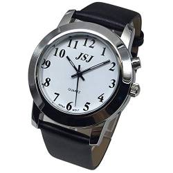 Sprechende Armbanduhr, analog, mit Alarm, Anzeige der Uhrzeit und Datum auf Französisch, für Blind- und Sehbehinderte, Armband aus Leder von VISIONU