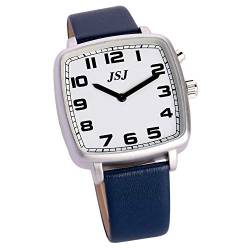 Sprechende Armbanduhr, analog, quadratisch, mit Weckfunktion, Anzeige von Uhrzeit und Datum, weißes Zifferblatt, Armband aus blauem Leder, TFSW-1705F von VISIONU