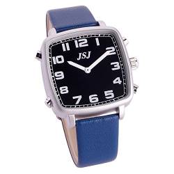 Sprechende Armbanduhr mit Sound in Italienisch, mit Wecker und Zeitanzeige, quadratisches Gehäuse mit schwarzem Zifferblatt Cinturino In Pelle Blu Tisb-1812it von VISIONU