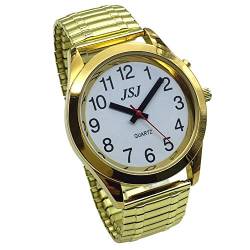 VISIONU Deutsch Sprechende Armbanduhr mit Weckerunktion,Ansage von Uhrzeit und Datum,Weiß- Ziffernblatt (Stretch Armband TUG-702G) von VISIONU