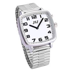 VISIONU Quadratische englische sprechende Armbanduhr mit Alarm, sprechendes Datum und Uhrzeit, weißes Zifferblatt, Erweiterungsband TESW-1703A von VISIONU