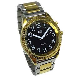 VISIONU Sprechende Armbanduhr, analog, mit Alarm, Anzeige der Uhrzeit und Datum, auf Französisch, für Blinde und Sehbehinderte, goldfarben, zweifarbiges Edelstahl-Armband TUF-G305, Armband von VISIONU